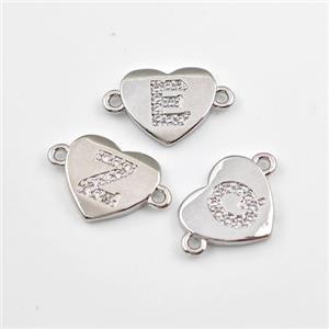 Copper Heart Alphabet Connector Pave Zirconia Mixed Letters Platinum Plated, approx 12mm [FN44070]