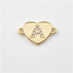 Copper Heart Connector Pave Zirconia Letter-A Gold Plated, approx 12mm [FN44071]