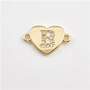 Copper Heart Connector Pave Zirconia Letter-B Gold Plated, approx 12mm [FN44072]