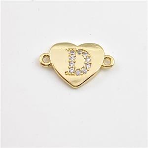 Copper Heart Connector Pave Zirconia Letter-D Gold Plated, approx 12mm [FN44074]