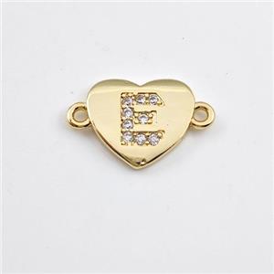 Copper Heart Connector Pave Zirconia Letter-E Gold Plated, approx 12mm [FN44075]