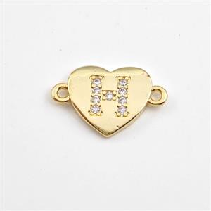 Copper Heart Connector Pave Zirconia Letter-H Gold Plated, approx 12mm [FN44078]