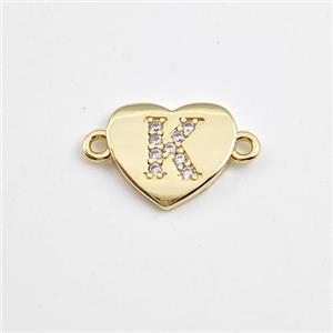 Copper Heart Connector Pave Zirconia Letter-K Gold Plated, approx 12mm [FN44081]