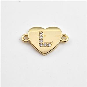Copper Heart Connector Pave Zirconia Letter-L Gold Plated, approx 12mm [FN44082]
