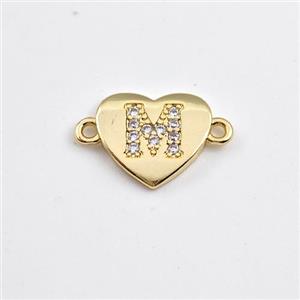 Copper Heart Connector Pave Zirconia Letter-M Gold Plated, approx 12mm [FN44083]