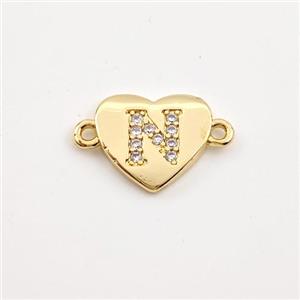 Copper Heart Connector Pave Zirconia Letter-N Gold Plated, approx 12mm [FN44084]