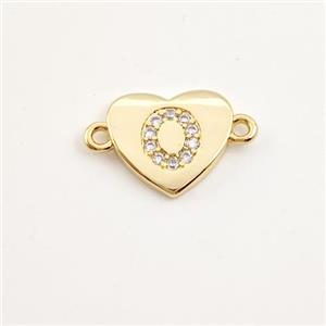 Copper Heart Connector Pave Zirconia Letter-O Gold Plated, approx 12mm [FN44085]
