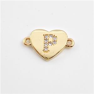 Copper Heart Connector Pave Zirconia Letter-P Gold Plated, approx 12mm [FN44086]