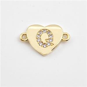 Copper Heart Connector Pave Zirconia Letter-Q Gold Plated, approx 12mm [FN44087]