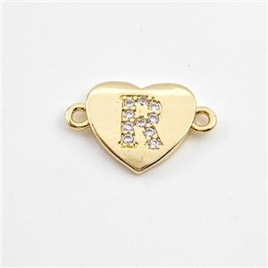 Copper Heart Connector Pave Zirconia Letter-R Gold Plated, approx 12mm [FN44088]