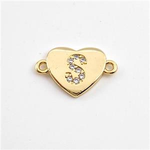 Copper Heart Connector Pave Zirconia Letter-S Gold Plated, approx 12mm [FN44089]