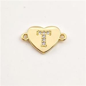 Copper Heart Connector Pave Zirconia Letter-T Gold Plated, approx 12mm [FN44090]