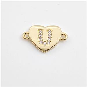 Copper Heart Connector Pave Zirconia Letter-U Gold Plated, approx 12mm [FN44091]