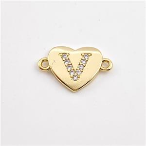 Copper Heart Connector Pave Zirconia Letter-V Gold Plated, approx 12mm [FN44092]
