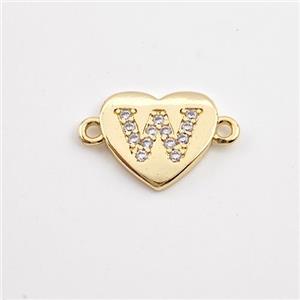 Copper Heart Connector Pave Zirconia Letter-W Gold Plated, approx 12mm [FN44093]