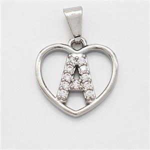 Copper Heart Pendant Pave Zirconia Letter-A Platinum Plated, approx 16mm [FN44125]