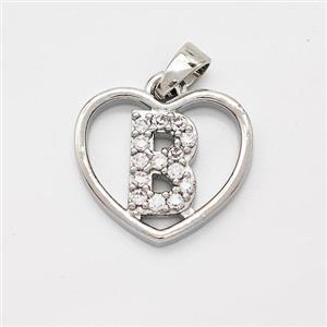Copper Heart Pendant Pave Zirconia Letter-B Platinum Plated, approx 16mm [FN44126]