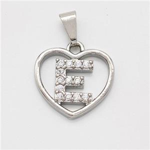 Copper Heart Pendant Pave Zirconia Letter-E Platinum Plated, approx 16mm [FN44129]