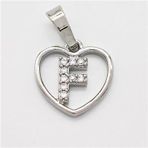 Copper Heart Pendant Pave Zirconia Letter-F Platinum Plated, approx 16mm [FN44130]