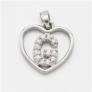 Copper Heart Pendant Pave Zirconia Letter-G Platinum Plated, approx 16mm [FN44131]