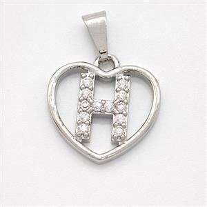 Copper Heart Pendant Pave Zirconia Letter-H Platinum Plated, approx 16mm [FN44132]