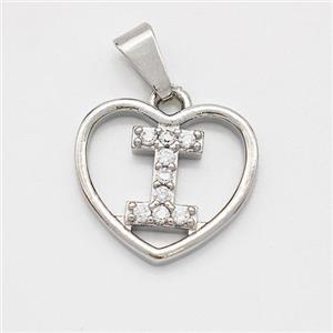 Copper Heart Pendant Pave Zirconia Letter-I Platinum Plated, approx 16mm [FN44133]