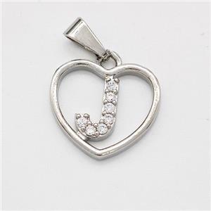 Copper Heart Pendant Pave Zirconia Letter-J Platinum Plated, approx 16mm [FN44134]