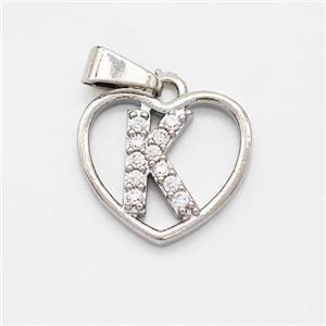 Copper Heart Pendant Pave Zirconia Letter-K Platinum Plated, approx 16mm [FN44135]