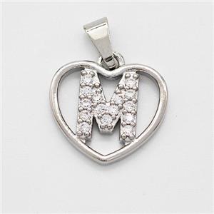 Copper Heart Pendant Pave Zirconia Letter-M Platinum Plated, approx 16mm [FN44137]