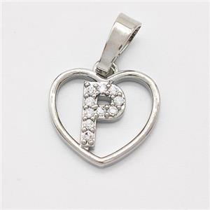 Copper Heart Pendant Pave Zirconia Letter-P Platinum Plated, approx 16mm [FN44140]