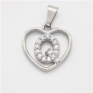 Copper Heart Pendant Pave Zirconia Letter-Q Platinum Plated, approx 16mm [FN44141]