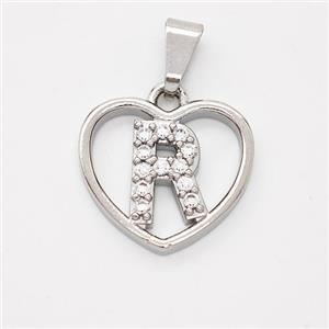 Copper Heart Pendant Pave Zirconia Letter-R Platinum Plated, approx 16mm [FN44142]