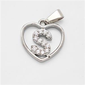 Copper Heart Pendant Pave Zirconia Letter-S Platinum Plated, approx 16mm [FN44143]