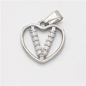 Copper Heart Pendant Pave Zirconia Letter-V Platinum Plated, approx 16mm [FN44146]