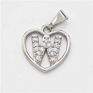 Copper Heart Pendant Pave Zirconia Letter-W Platinum Plated, approx 16mm [FN44147]