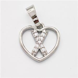 Copper Heart Pendant Pave Zirconia Letter-X Platinum Plated, approx 16mm [FN44148]