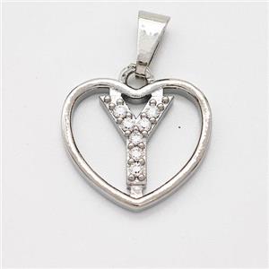 Copper Heart Pendant Pave Zirconia Letter-Y Platinum Plated, approx 16mm [FN44149]