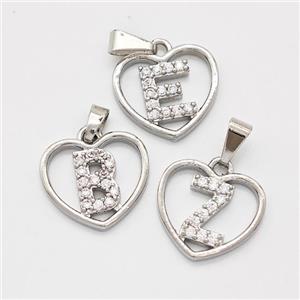 Copper Heart Alphabet Pendant Pave Zirconia Mixed Letters Platinum Plated, approx 16mm [FN44151]