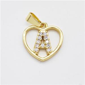 Copper Heart Pendant Pave Zirconia Letter-A Gold Plated, approx 16mm [FN44152]