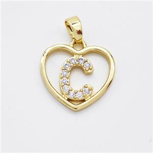 Copper Heart Pendant Pave Zirconia Letter-C Gold Plated, approx 16mm [FN44154]