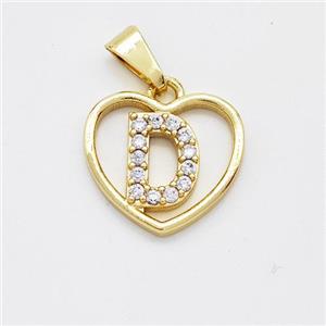 Copper Heart Pendant Pave Zirconia Letter-D Gold Plated, approx 16mm [FN44155]