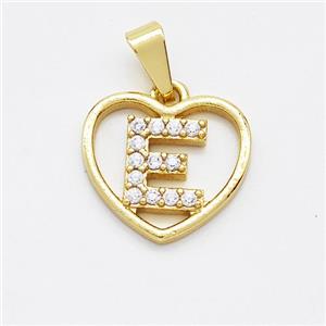 Copper Heart Pendant Pave Zirconia Letter-E Gold Plated, approx 16mm [FN44156]