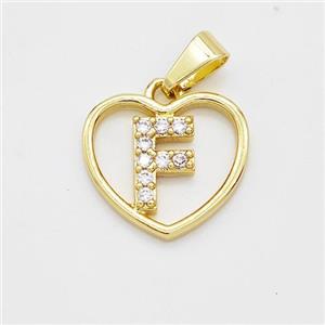 Copper Heart Pendant Pave Zirconia Letter-F Gold Plated, approx 16mm [FN44157]