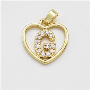 Copper Heart Pendant Pave Zirconia Letter-G Gold Plated, approx 16mm [FN44158]