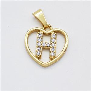 Copper Heart Pendant Pave Zirconia Letter-H Gold Plated, approx 16mm [FN44159]