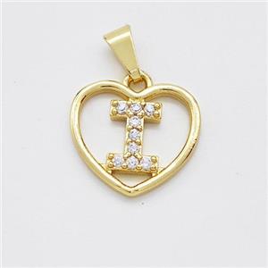 Copper Heart Pendant Pave Zirconia Letter-I Gold Plated, approx 16mm [FN44160]