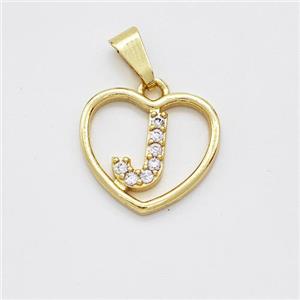 Copper Heart Pendant Pave Zirconia Letter-J Gold Plated, approx 16mm [FN44161]