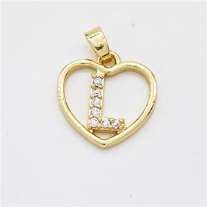 Copper Heart Pendant Pave Zirconia Letter-L Gold Plated, approx 16mm [FN44163]