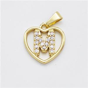 Copper Heart Pendant Pave Zirconia Letter-M Gold Plated, approx 16mm [FN44164]