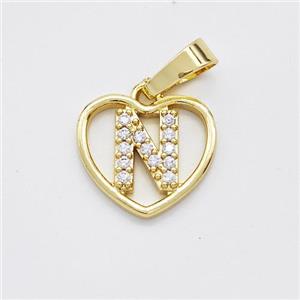 Copper Heart Pendant Pave Zirconia Letter-N Gold Plated, approx 16mm [FN44165]